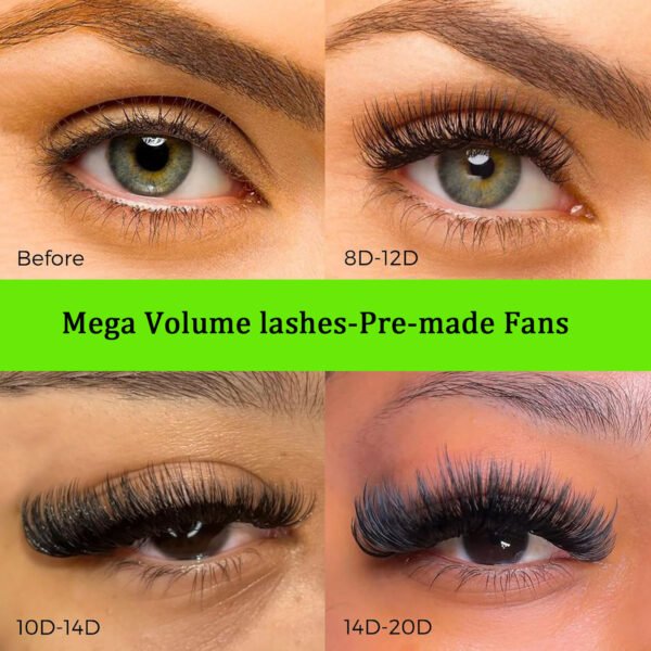 Professional mega volume lash extensions with 480+ promade fans per case. Korean PBT fiber, 4-6 week retention. Perfect for volume lash sets.